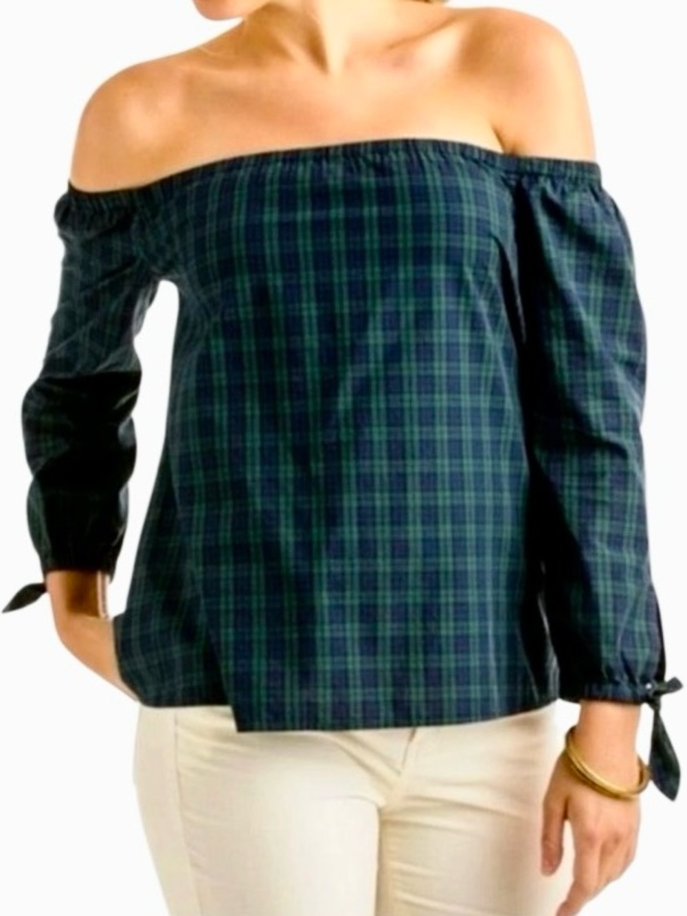 Talbots Tartan Plaid Off The Shoulder Top in Green/Blue Women’s SP